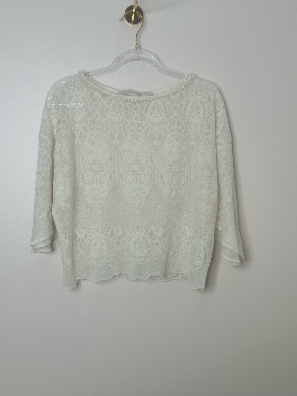 Vintage Zara Basic White Lace Pearl Detail Top XS